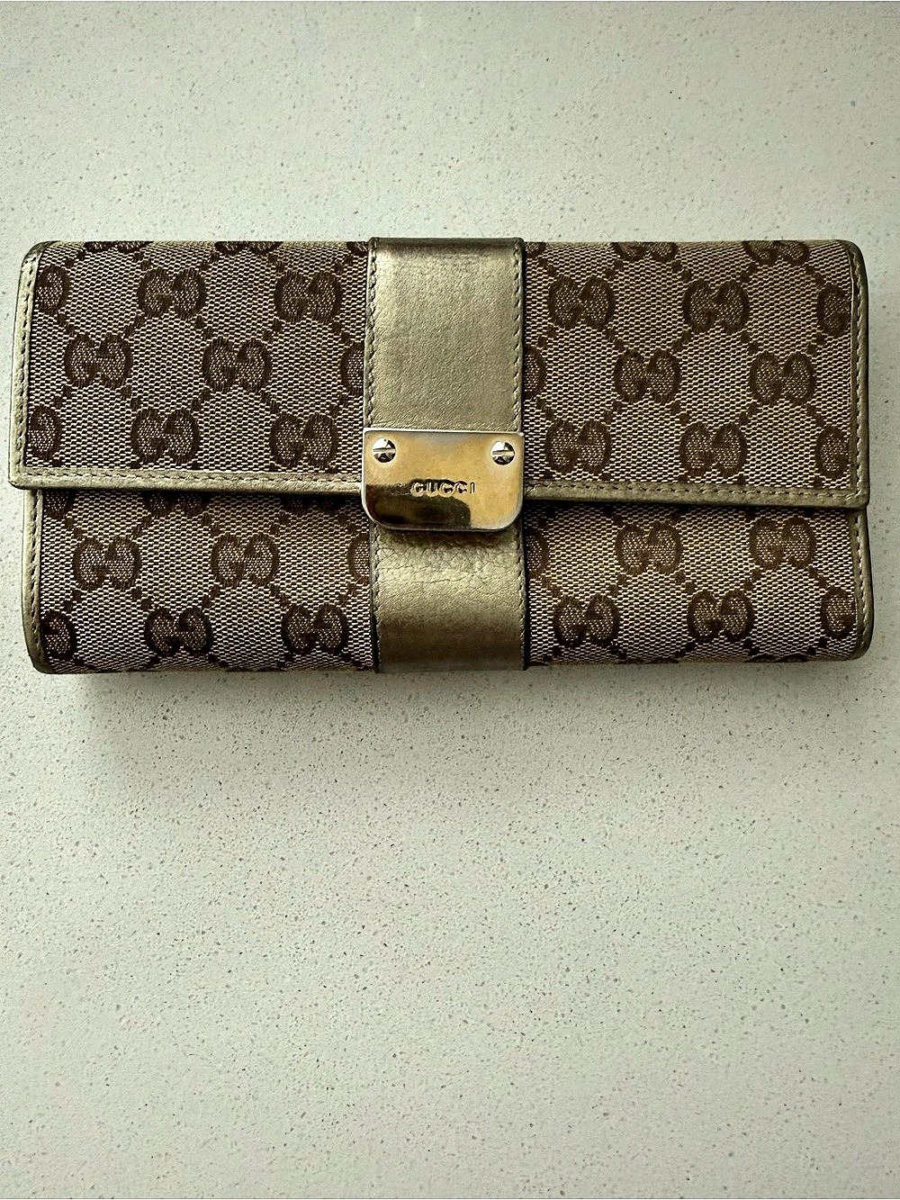 Authentic Gucci GG Canvas Leather Continental Wallet – Metallic Gold